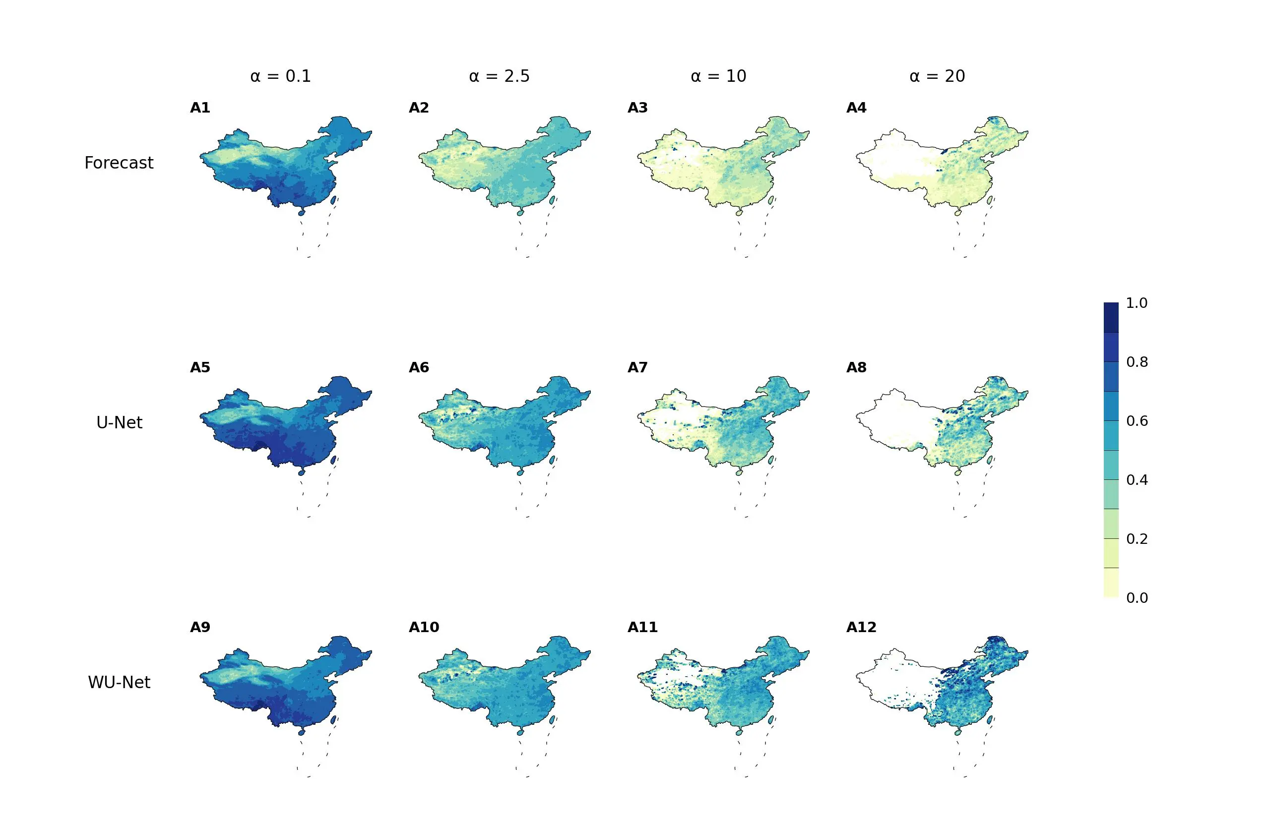 The TS distribution. From top to bottom: the NWP, the U-Net, and the WU-Net. From left to right: at the threshold of 0.1, 2.5, 10, and 20 mm/6h.